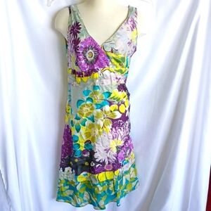 Atika Floral Silk Dress, Sz 8, 18" PTP, 40" L,  15" Flat Waist Measurement